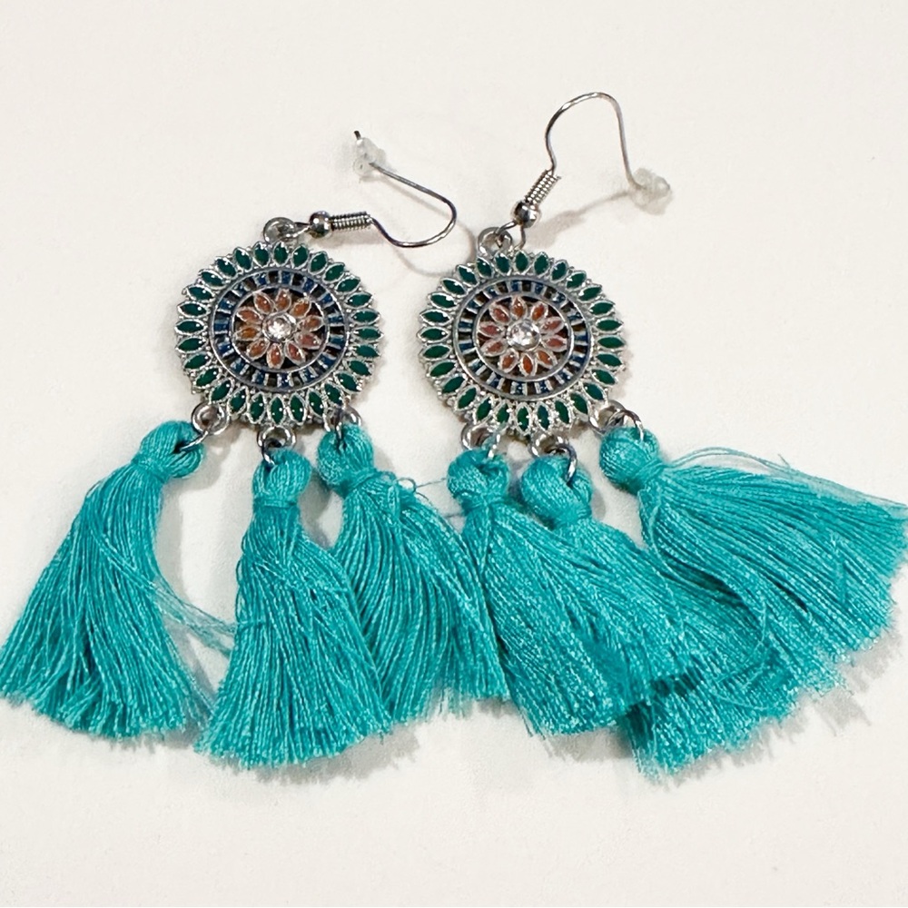 Bohemian Silver and Teal Tassel Earrings